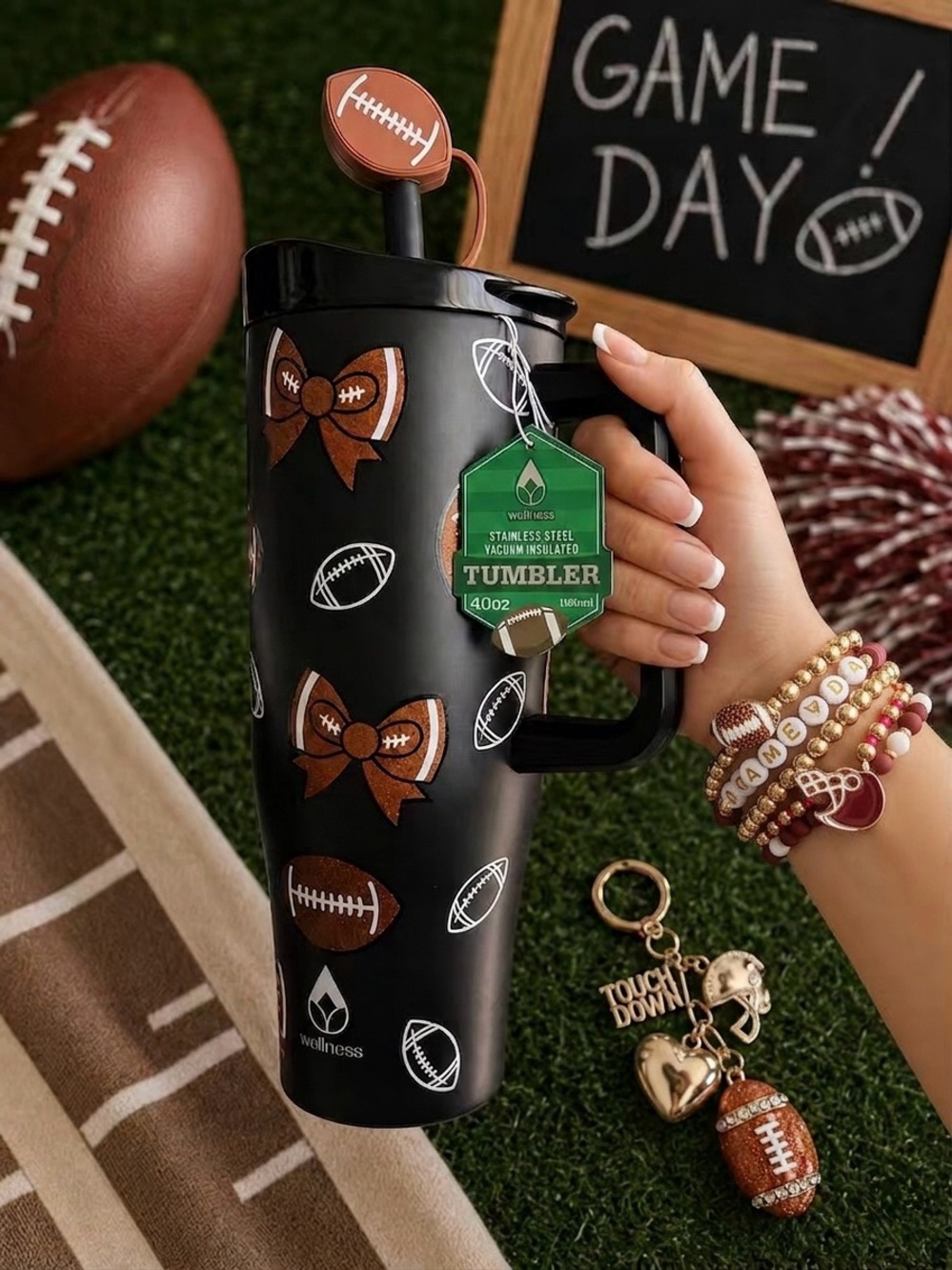 Game Day Football 40oz Tumbler + Bracelets & Charm Keychain Set